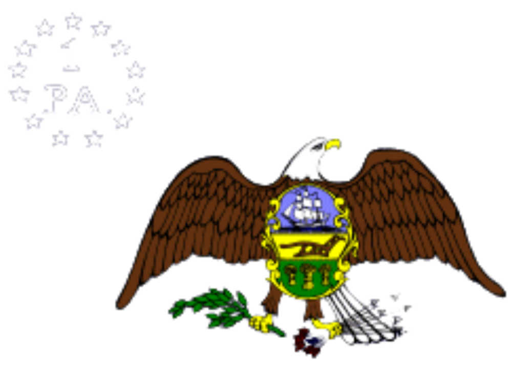 First Pennsylvania Regiment colors — 13 stars and 'PA' above an American eagle bearing the Pennsylvania coat of arms.